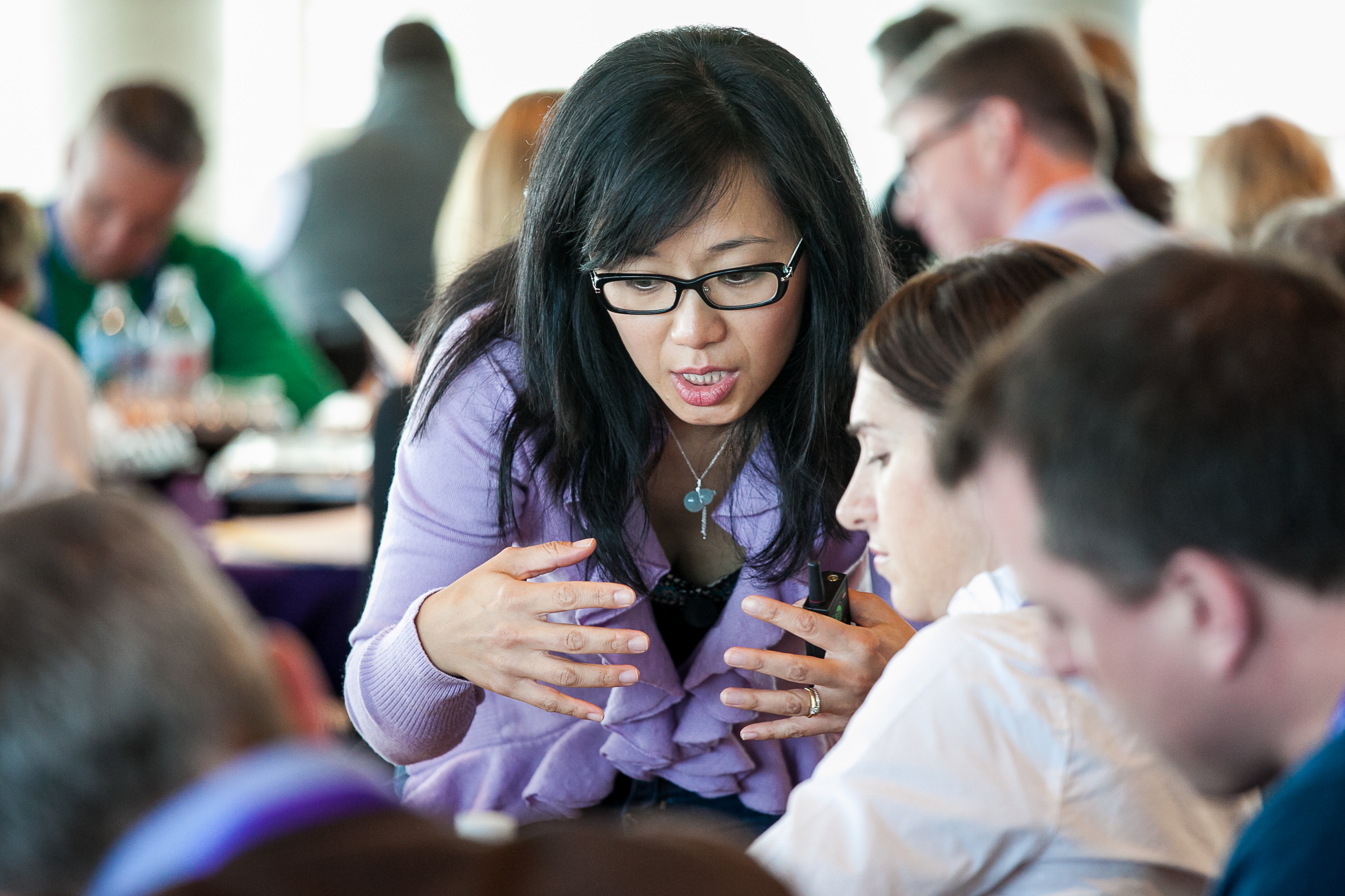 Esther Choy leads her workshop, "What Stories Are You Telling at Reunion," in the Global Hub's White Auditorium on Friday, May 5, 2017 in Evanston, IL during Kellogg's Reunion Weekend 2017. Photo by Eddie Quinones.