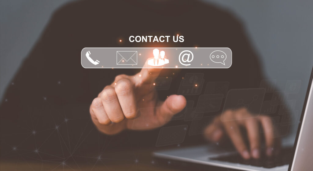 Customer support hotline Contact us people connection. Businessman using Smart Phone with the email, call phone, address, Chat message icons.