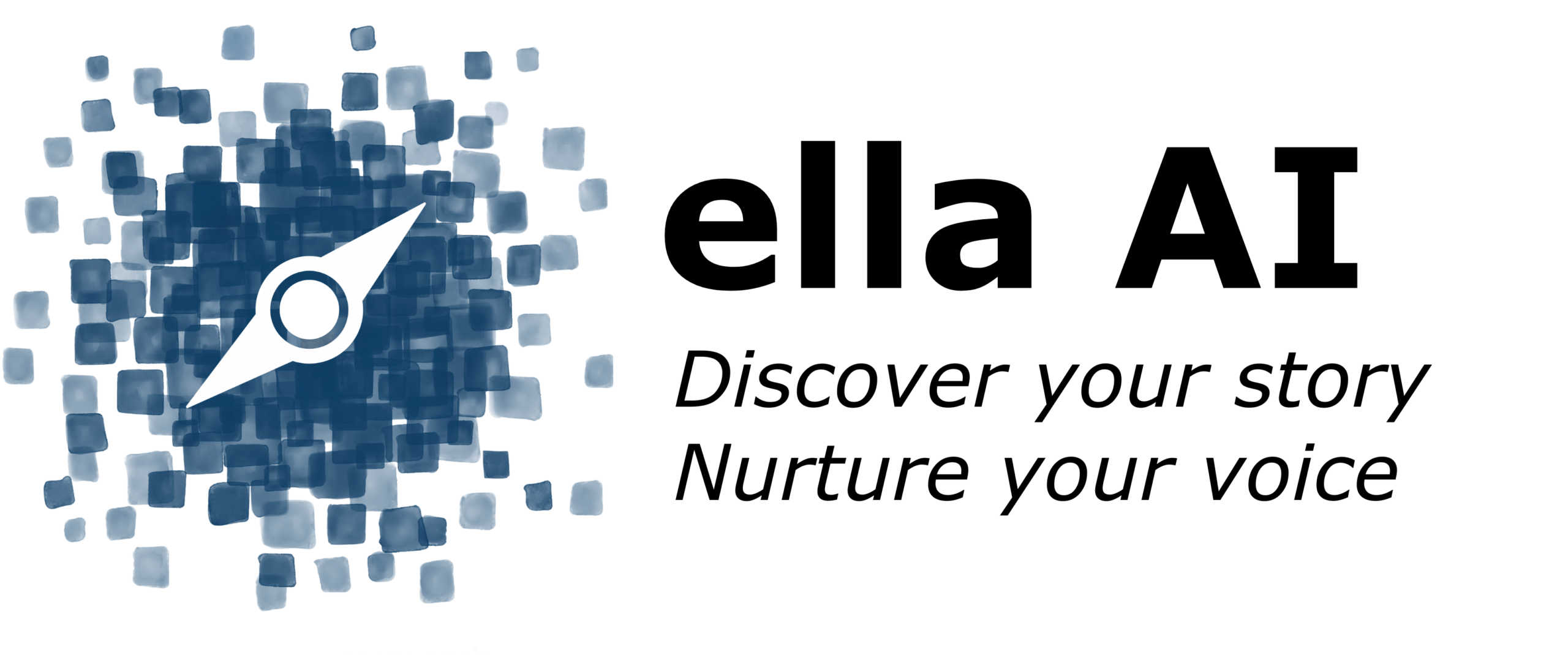 ellaAI logo with text ella AI <br> Discover your story <br> Nuture your voice