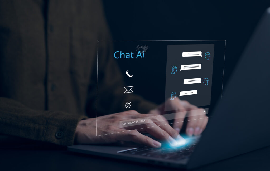 Ai, the concept of artificial intelligence use analytics. Man using technology smart robot AI, artificial intelligence by enter command prompt for generates something, Chatgpt Futuristic technology.